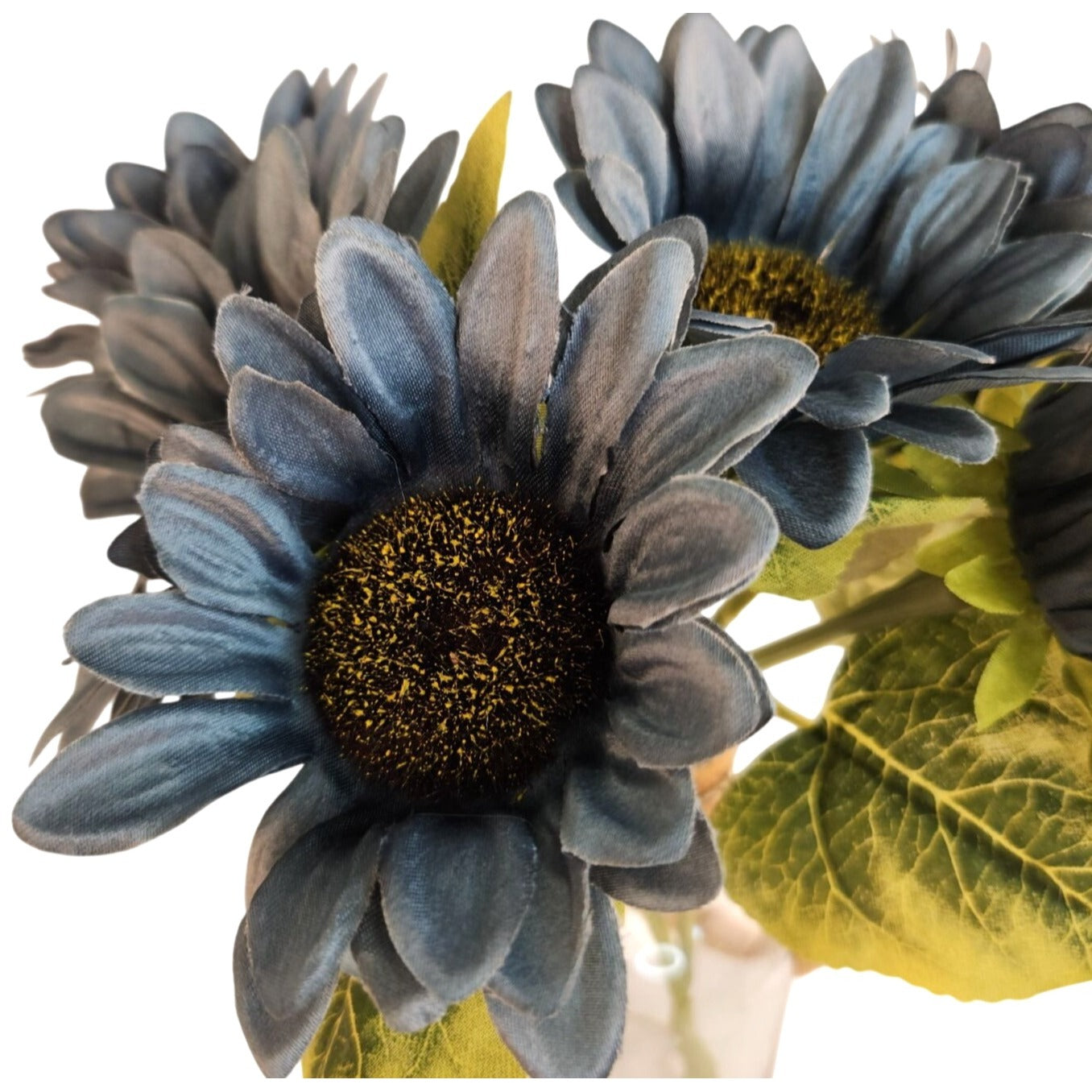 Dusty Blue Faux Silk Sunflower Stems 15 Inch 3 Stem Bunch Artificial Flowers Decor
