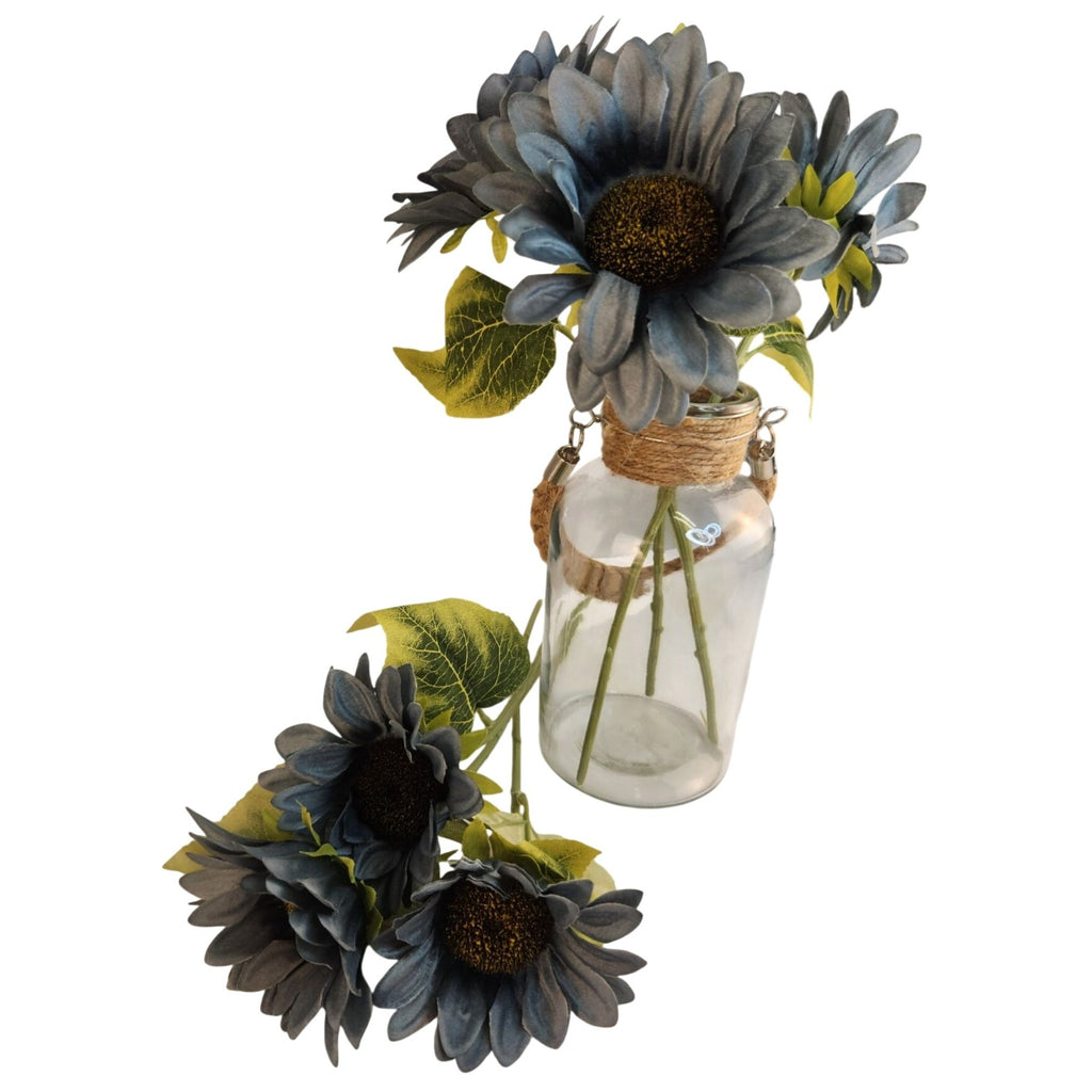 Dusty Blue Faux Silk Sunflower Stems 15 Inch 3 Stem Bunch Artificial Flowers Decor