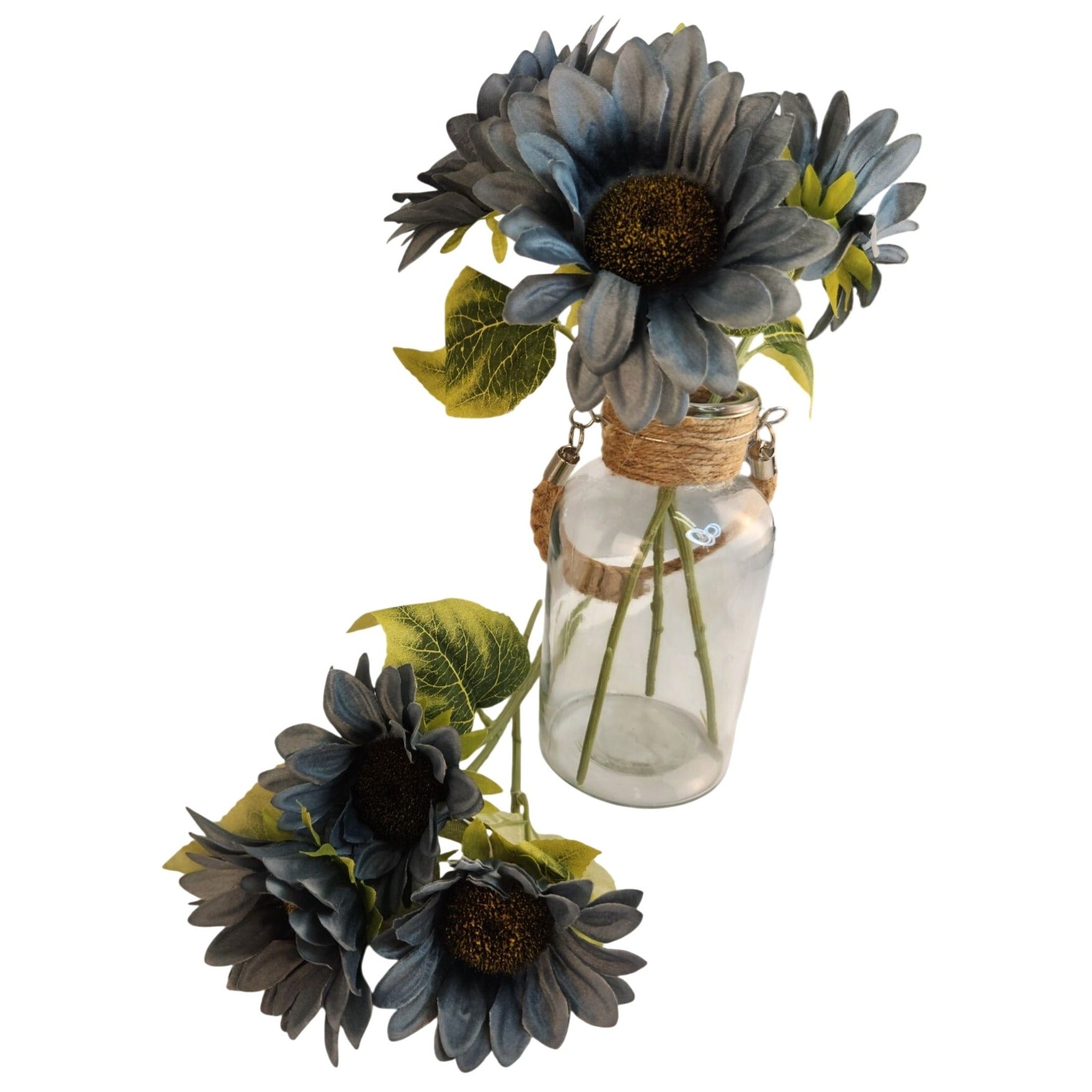 Dusty Blue Faux Silk Sunflower Stems 15 Inch 3 Stem Bunch Artificial Flowers Decor