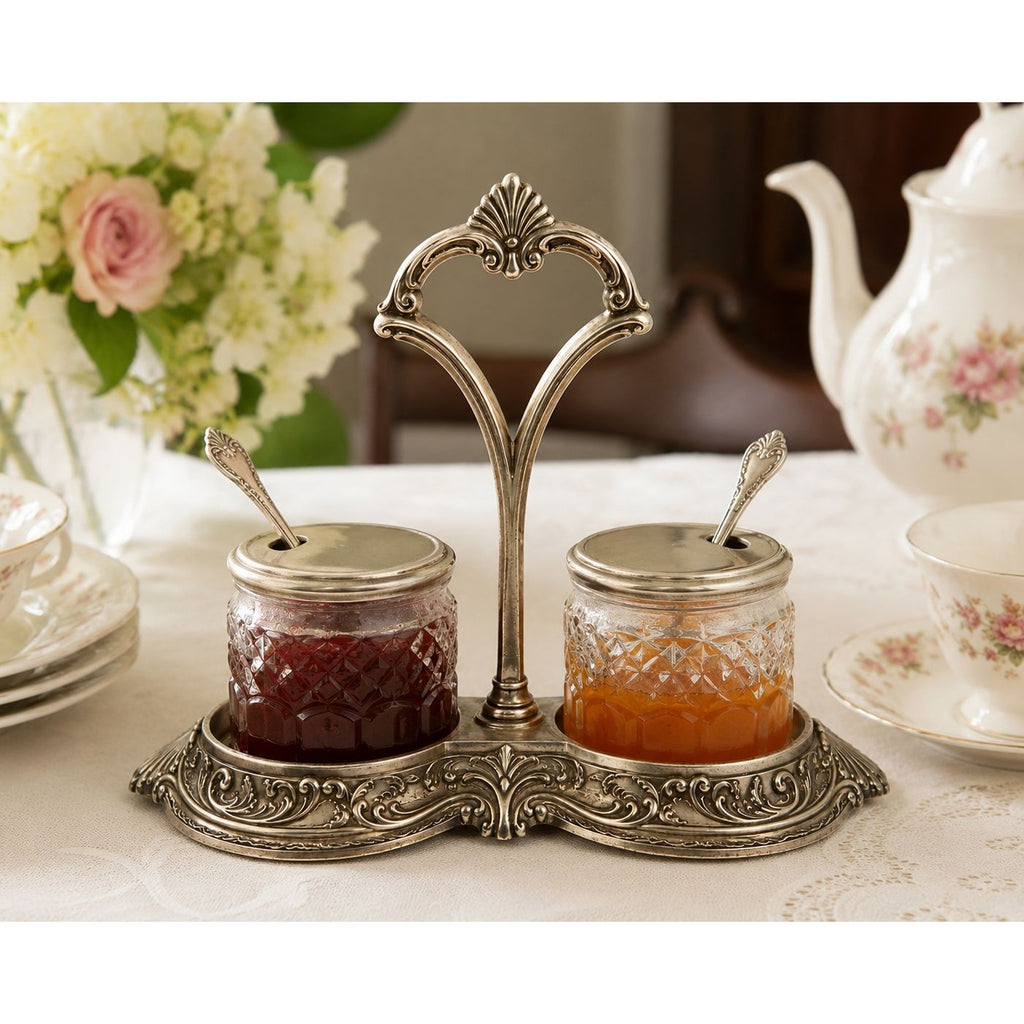 Vintage Dual Condiment Stand, Ornate Silver Tone Jam Jar Holder, Dining Serveware