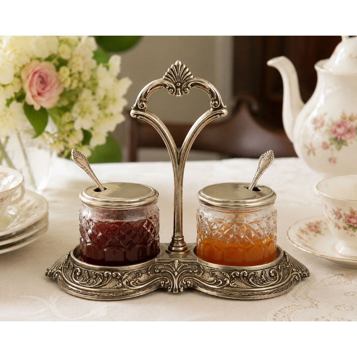 Vintage Dual Condiment Stand, Ornate Silver Tone Jam Jar Holder, Dining Serveware