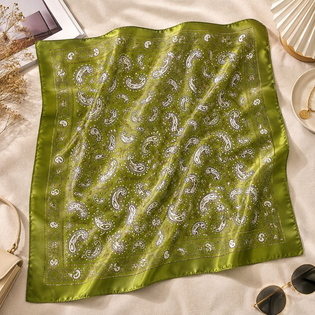 Olive Green Satin Paisley Scarf Women Square Hair Neck Scarf Boho Western Bandana with Accessories 