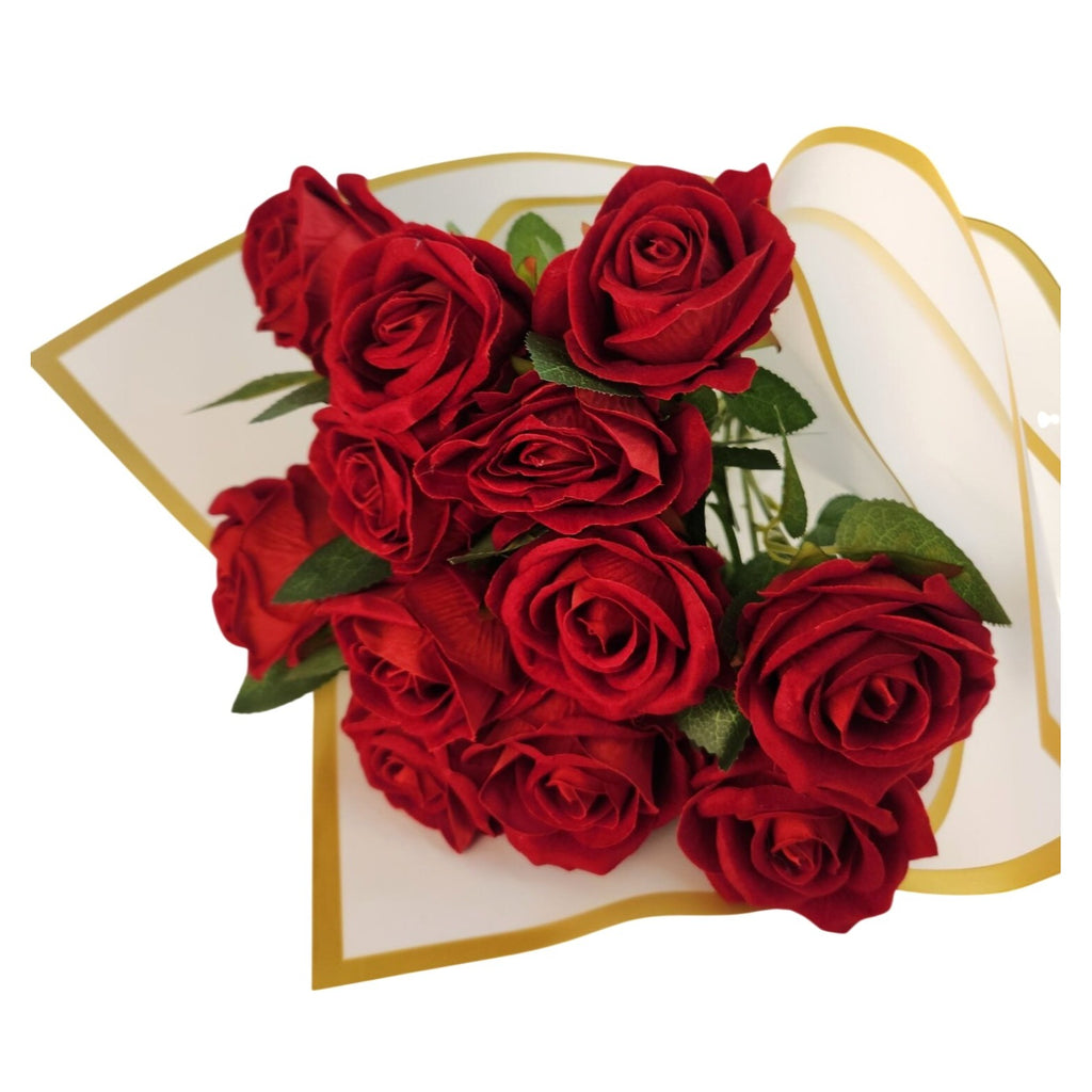 Hand Tied Dozen Red Velvet Roses Artificial Bouquet Valentine Gift Romantic Decor