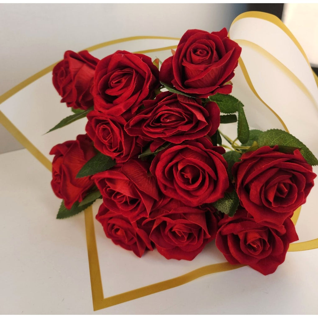Hand Tied Dozen Red Velvet Roses Artificial Bouquet Valentine Gift Romantic Decor