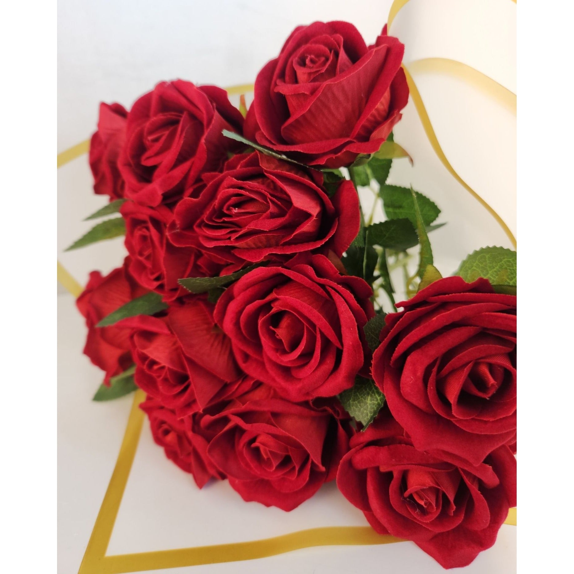Hand Tied Dozen Red Velvet Roses Artificial Bouquet Valentine Gift Romantic Decor