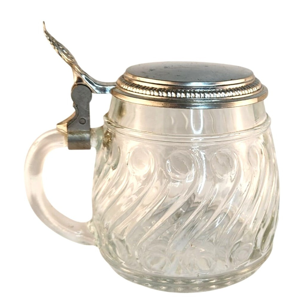 Vintage BMF Glass Beer Stein with Pewter Lid, West Germany, Swirl Pattern