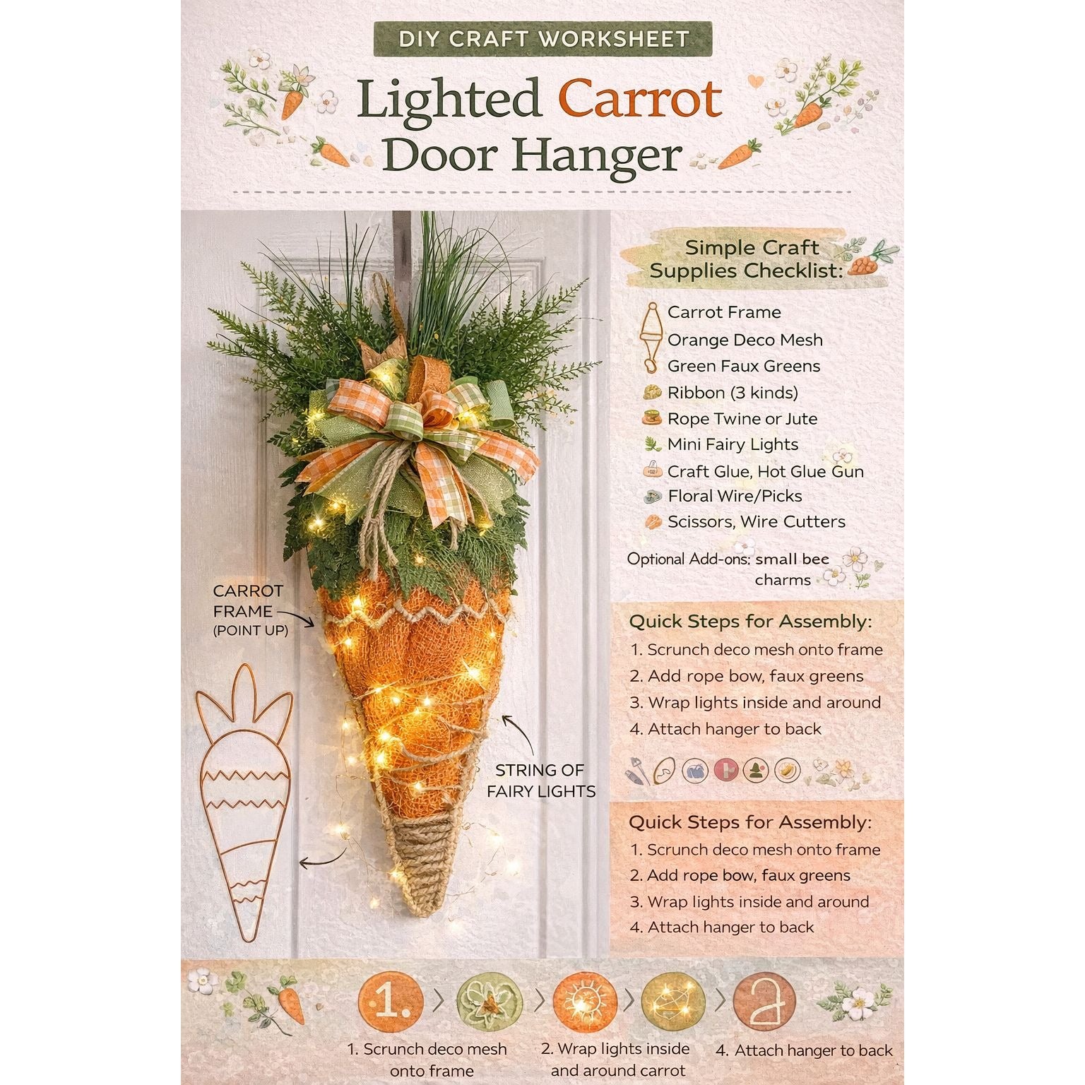 Carrot Wreath Frame Easter Form Spring Door Decor DIY Orange Metal Farmhouse Craft Base
