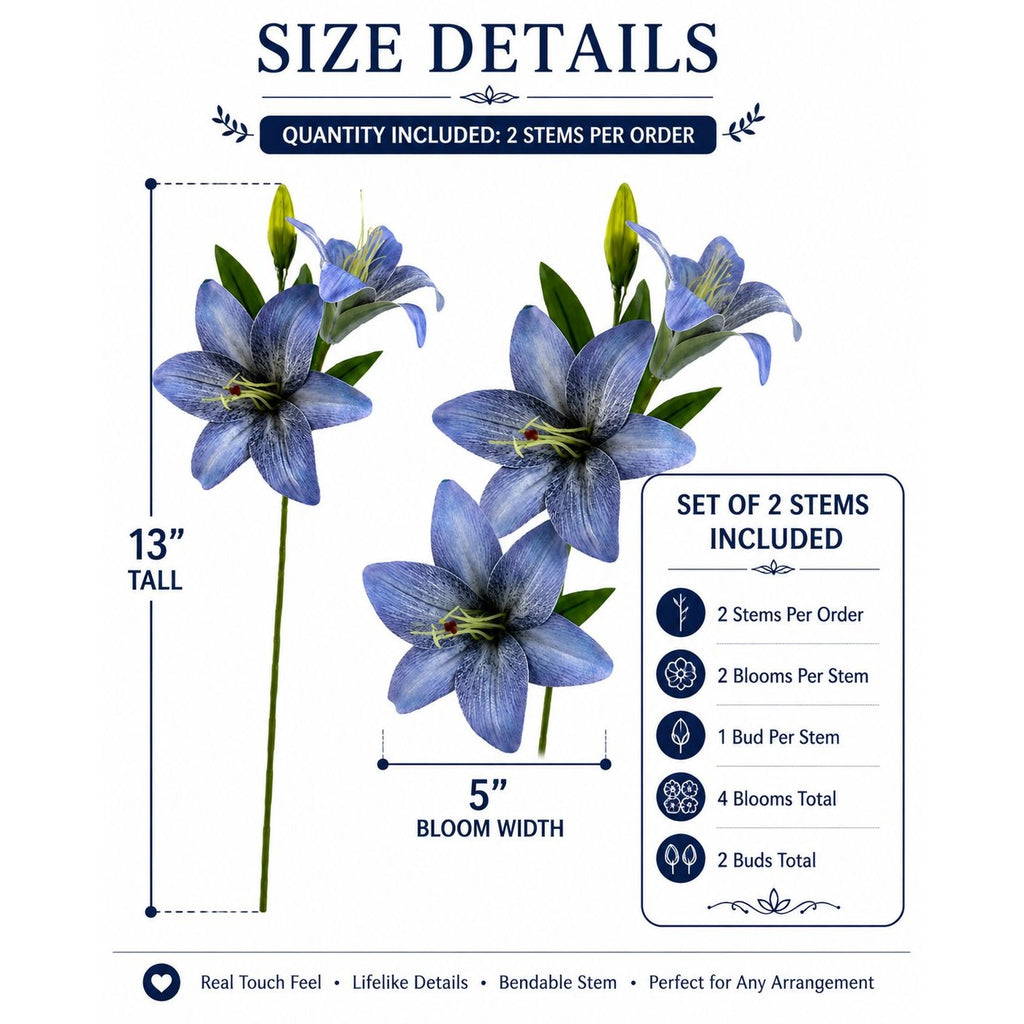 Real Touch Blue Lily Stems Set of 2 Artificial Blue Lily Spray Faux Lily Flowers Wedding Bouquet Flowers French Country Decor Floral Arrangement