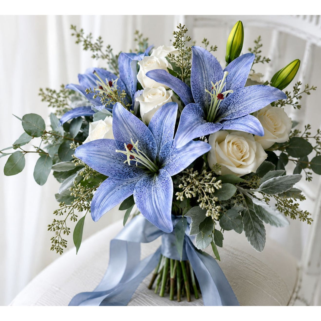 Real Touch Blue Lily Stems Set of 2 Artificial Blue Lily Spray Faux Lily Flowers Wedding Bouquet Flowers French Country Decor Floral Arrangement