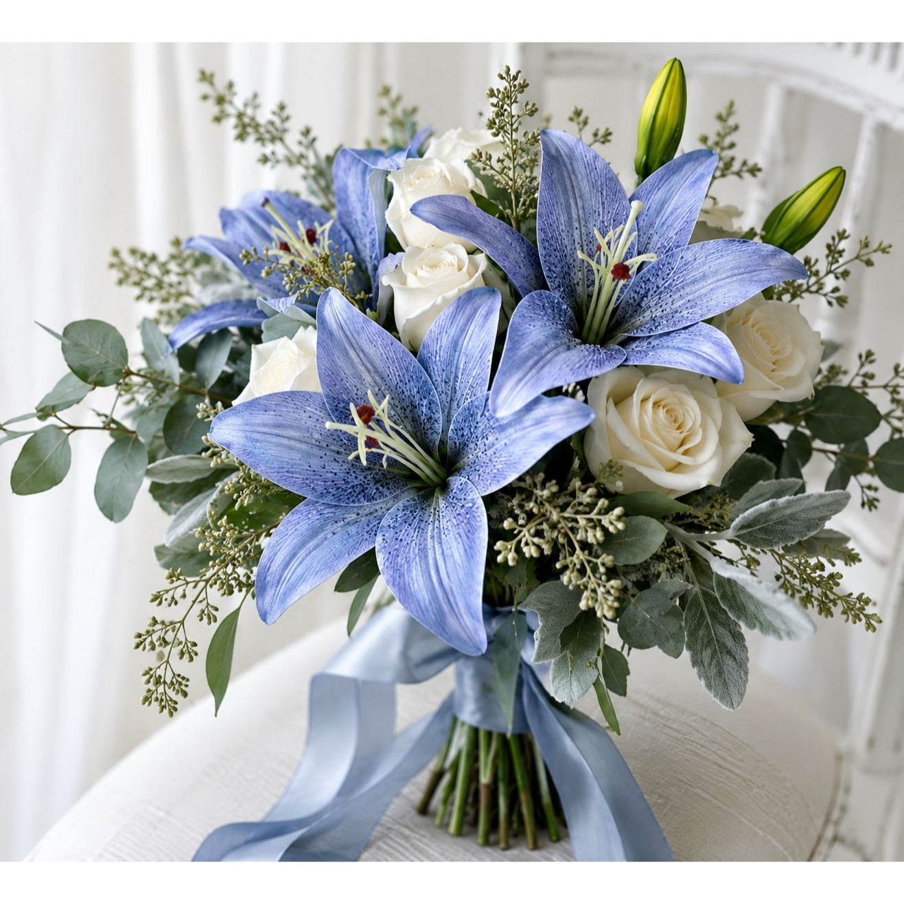 Real Touch Blue Lily Stems Set of 2 Artificial Blue Lily Spray Faux Lily Flowers Wedding Bouquet Flowers French Country Decor Floral Arrangement
