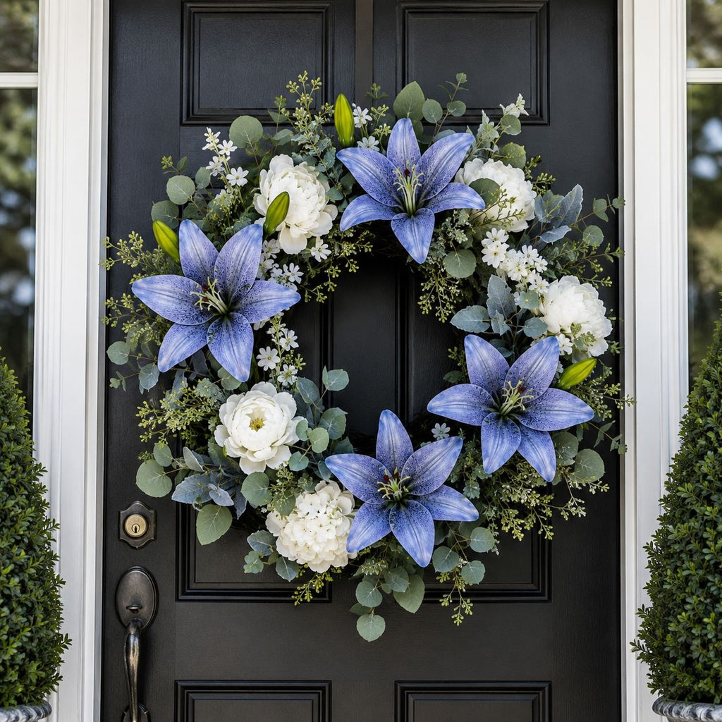 Real Touch Blue Lily Stems Set of 2 Artificial Blue Lily Spray Faux Lily Flowers Wedding Bouquet Flowers French Country Decor Floral Arrangement