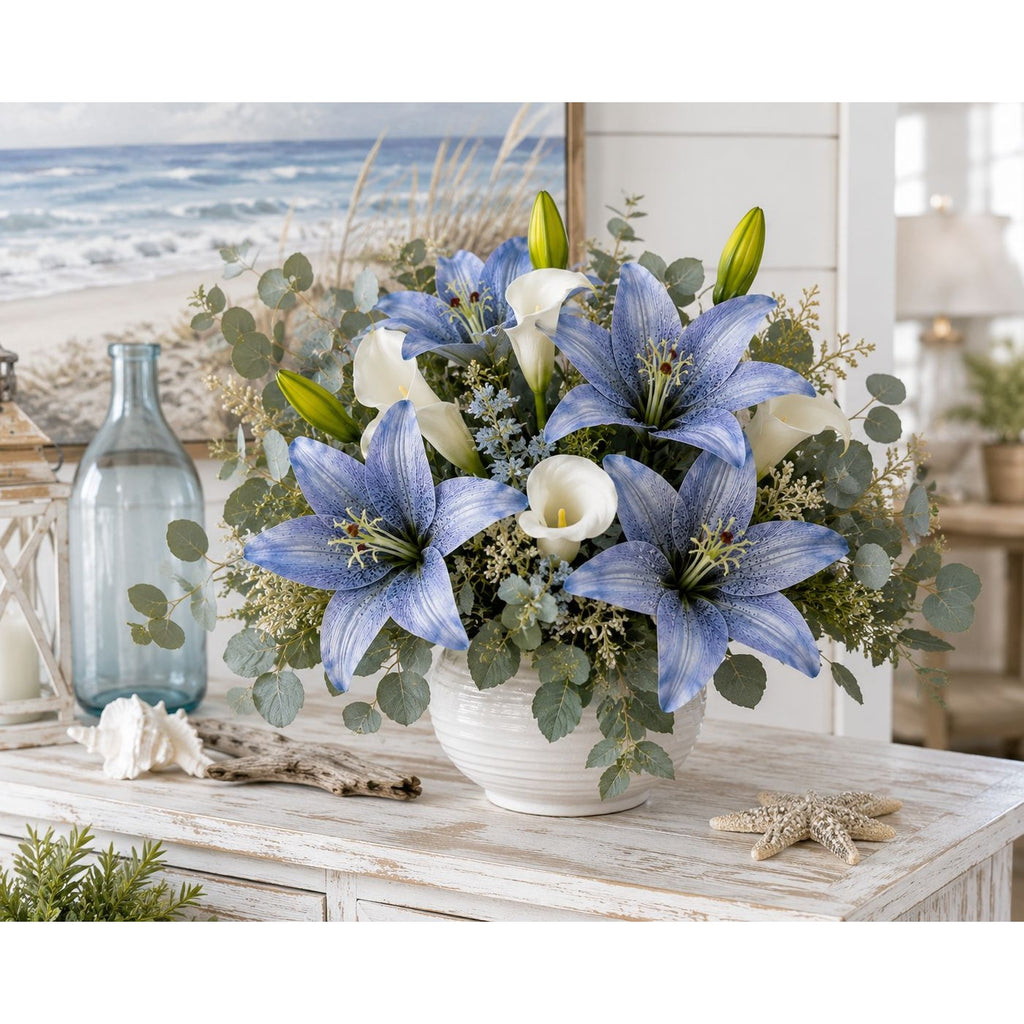 Real Touch Blue Lily Stems Set of 2 Artificial Blue Lily Spray Faux Lily Flowers Wedding Bouquet Flowers French Country Decor Floral Arrangement