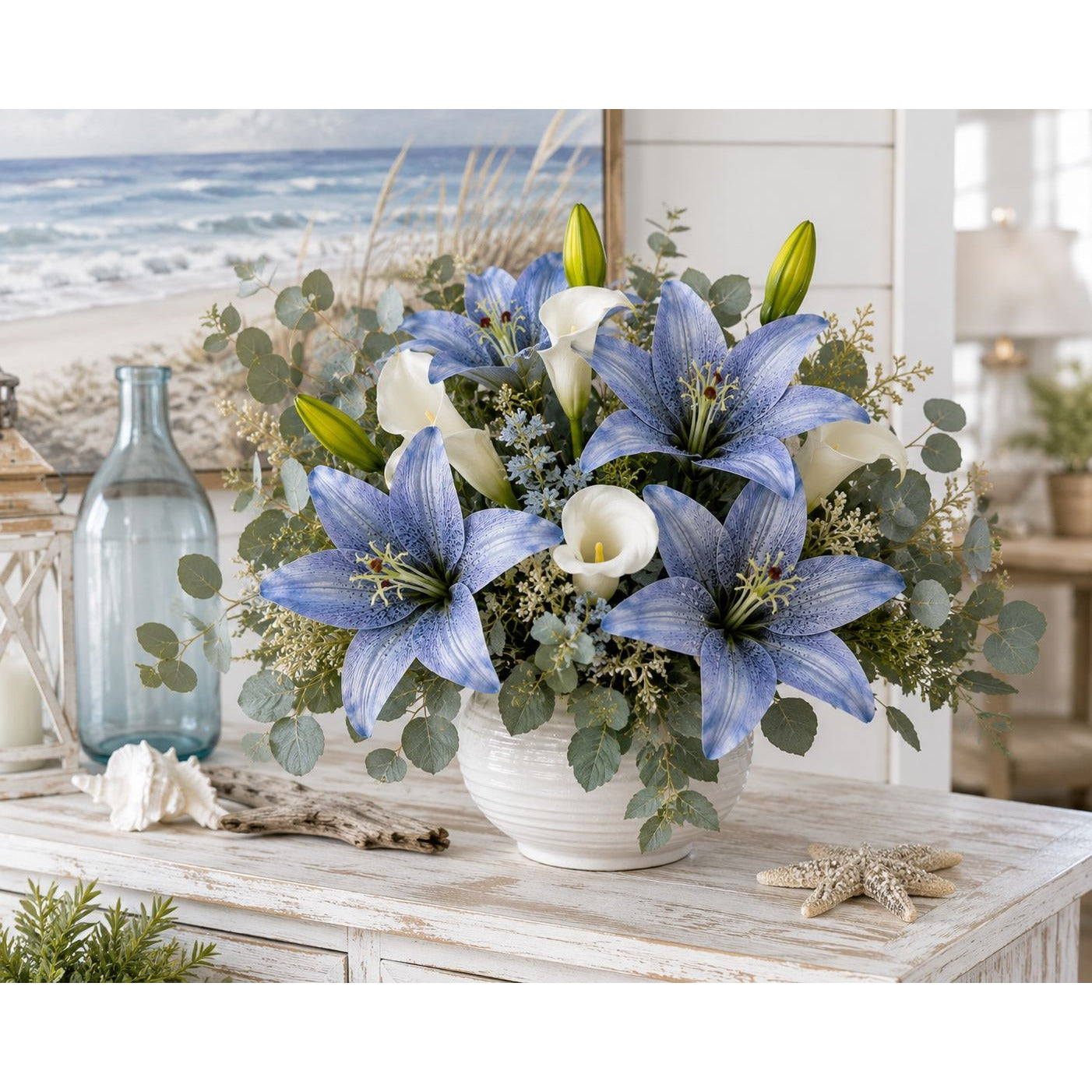 Real Touch Blue Lily Stems Set of 2 Artificial Blue Lily Spray Faux Lily Flowers Wedding Bouquet Flowers French Country Decor Floral Arrangement