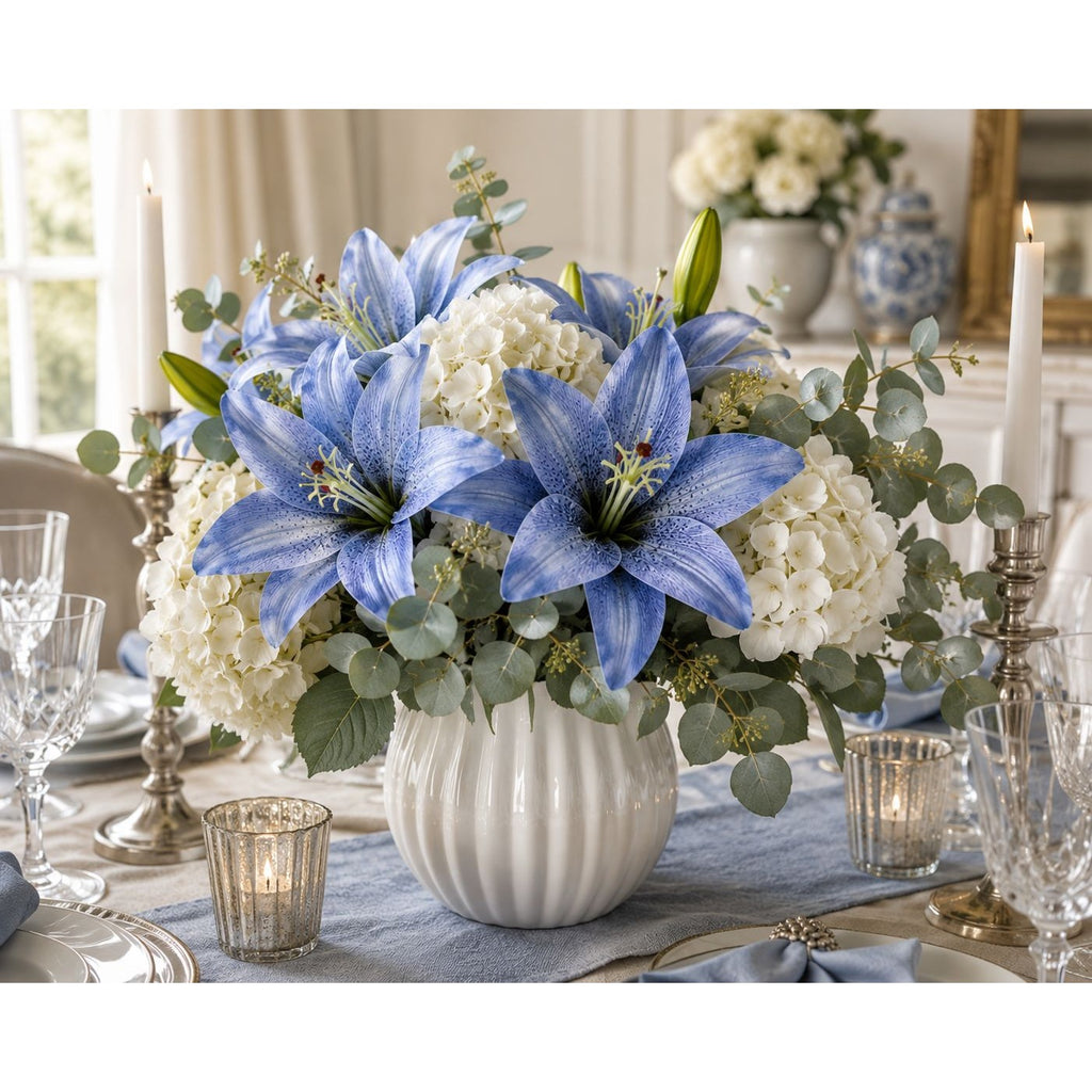 Real Touch Blue Lily Stems Set of 2 Artificial Blue Lily Spray Faux Lily Flowers Wedding Bouquet Flowers French Country Decor Floral Arrangement