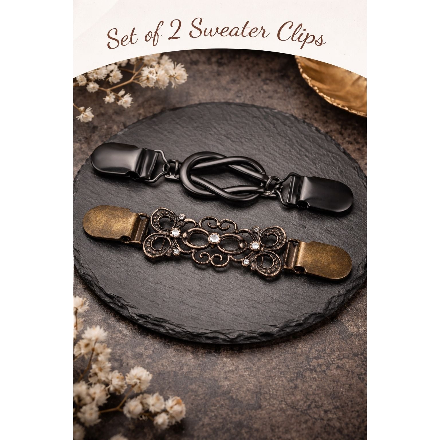 Antiqued Bronze Sweater Clip Set of 2, Cardigan Clip Shawl Clip Dress Cinch Filigree Collar Clasp