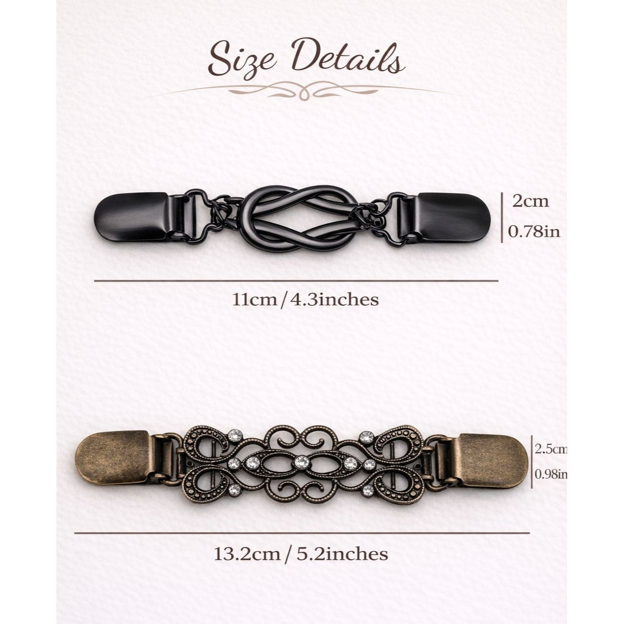 Antiqued Bronze Sweater Clip Set of 2, Cardigan Clip Shawl Clip Dress Cinch Filigree Collar Clasp