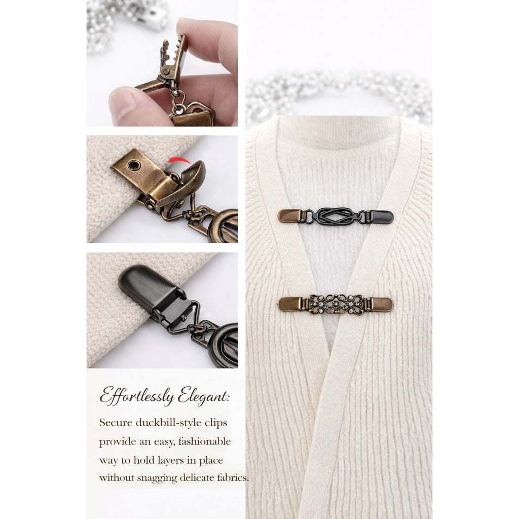 Antiqued Bronze Sweater Clip Set of 2, Cardigan Clip Shawl Clip Dress Cinch Filigree Collar Clasp