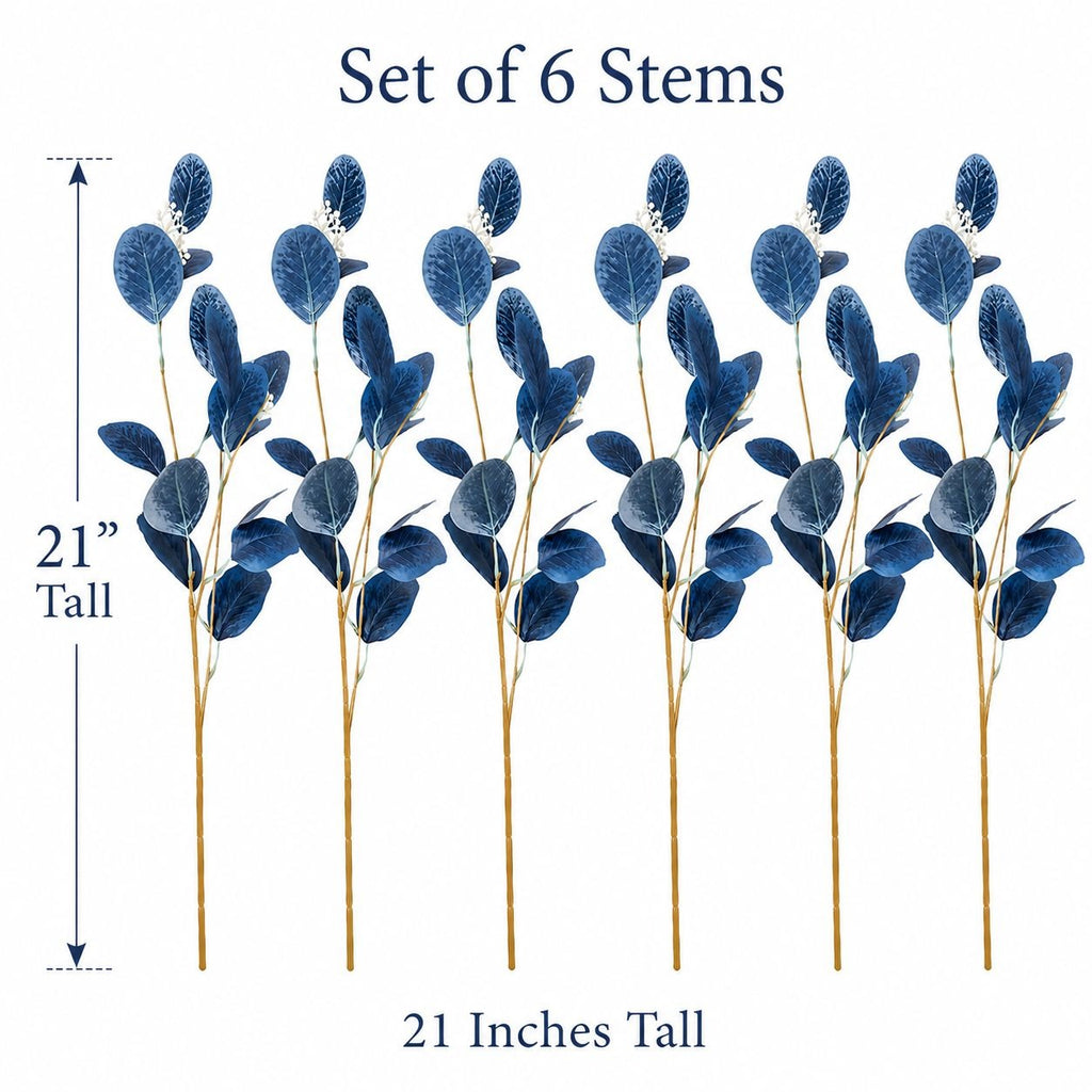 Set of 6 artificial eucalyptus stems, 21 inches tall, with dark blue leaves and tan stems, shown with height measurement lines and text on a white background.