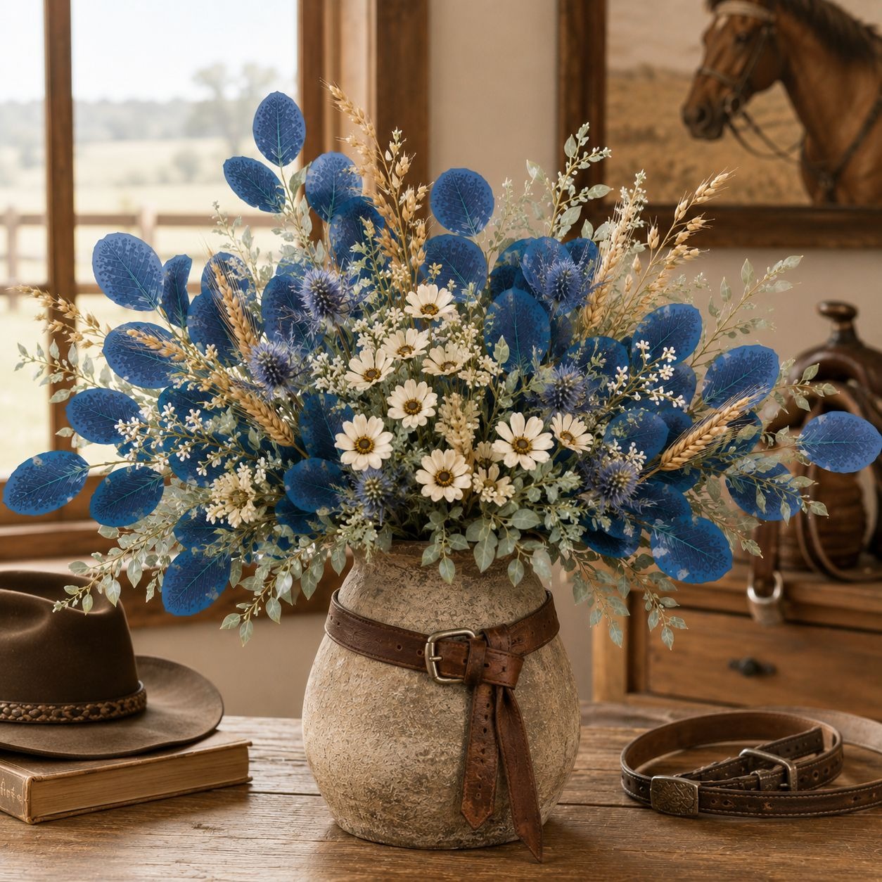 A rustic floral arrangement in a textured stone vase with a brown leather strap, set on a wooden table in a warm, western-themed room. The bouquet features prominent blue thistle-like blooms, white daisies, and dried wheat stalks with sage green foliage.