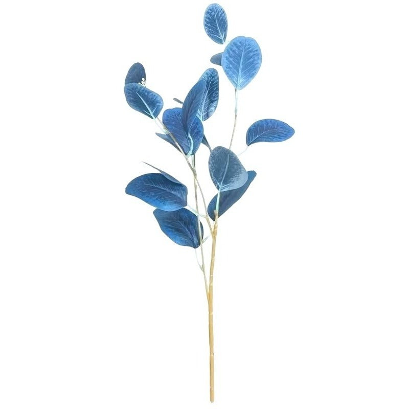 A decorative artificial eucalyptus branch with textured blue-green leaves on a light tan stem, isolated on a white background.