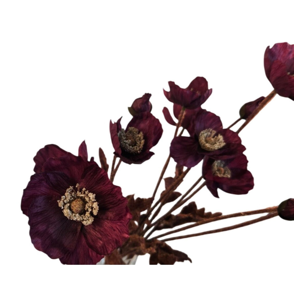 Artificial Dark Purple Poppy Stem | Faux Poppy Flower with 4 Blooms | Moody Floral Decor | Modern Wedding Home Accent 23 Inch