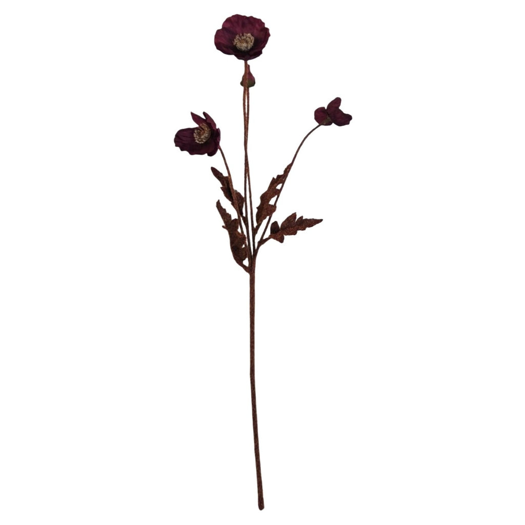 Artificial Dark Purple Poppy Stem | Faux Poppy Flower with 4 Blooms | Moody Floral Decor | Modern Wedding Home Accent 23 Inch