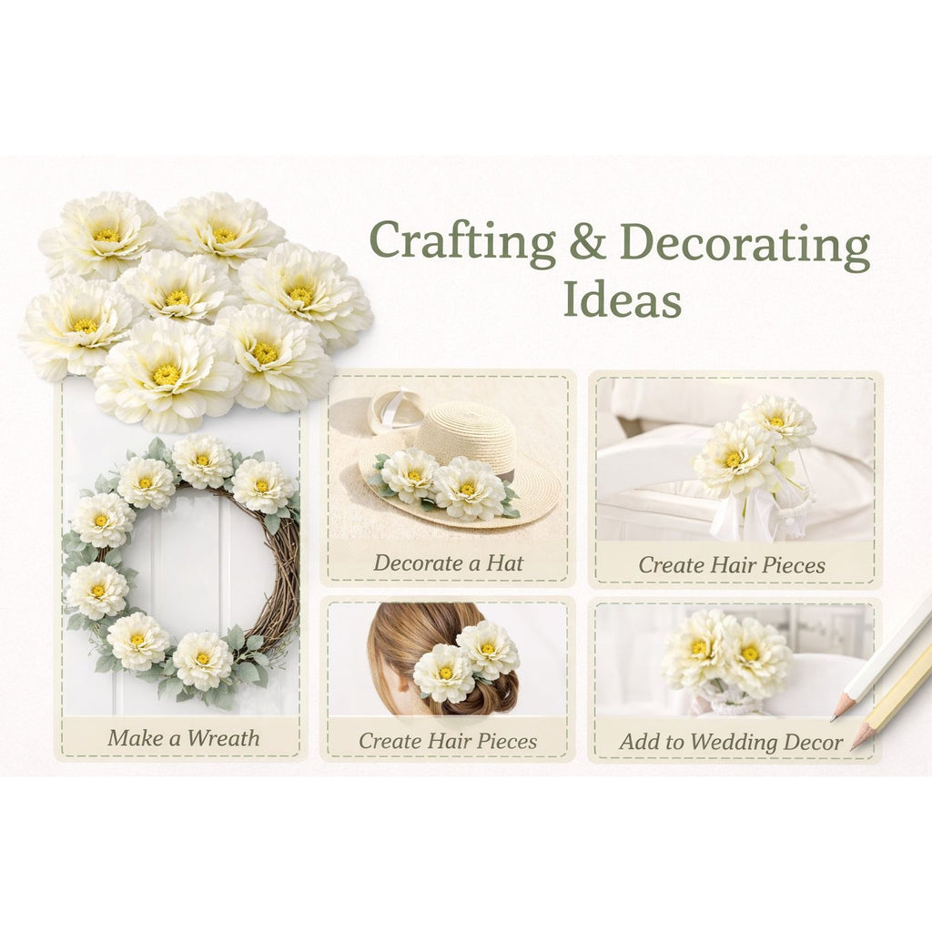 White Peony Flowers Set of 8 Faux Blooms 5 Inch Floral Heads Wired Craft Wreath Supplies Hair Accessories Wedding Decor