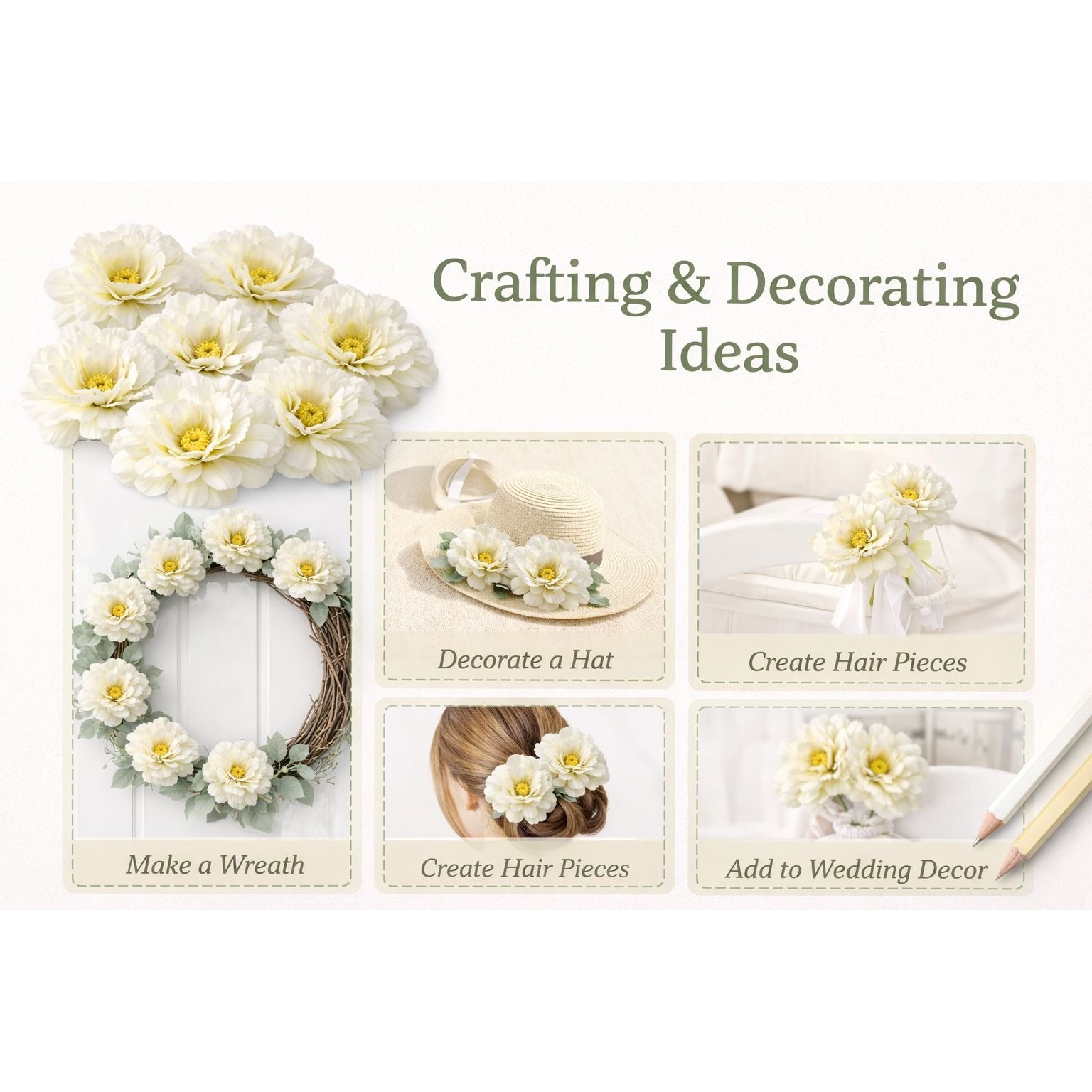 White Peony Flowers Set of 8 Faux Blooms 5 Inch Floral Heads Wired Craft Wreath Supplies Hair Accessories Wedding Decor