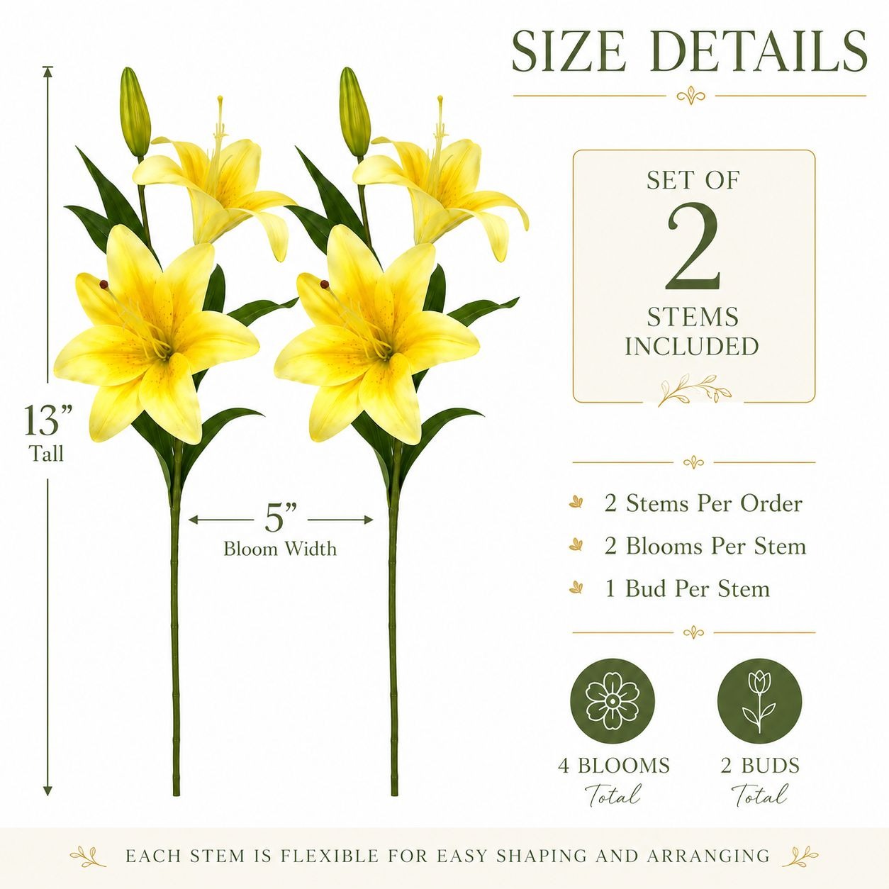 Real Touch Yellow Lily Stems Set of 2, Artificial Lily Flowers, Faux Floral Stems, Yellow Lily Spray, French Country Decor, Farmhouse Flower