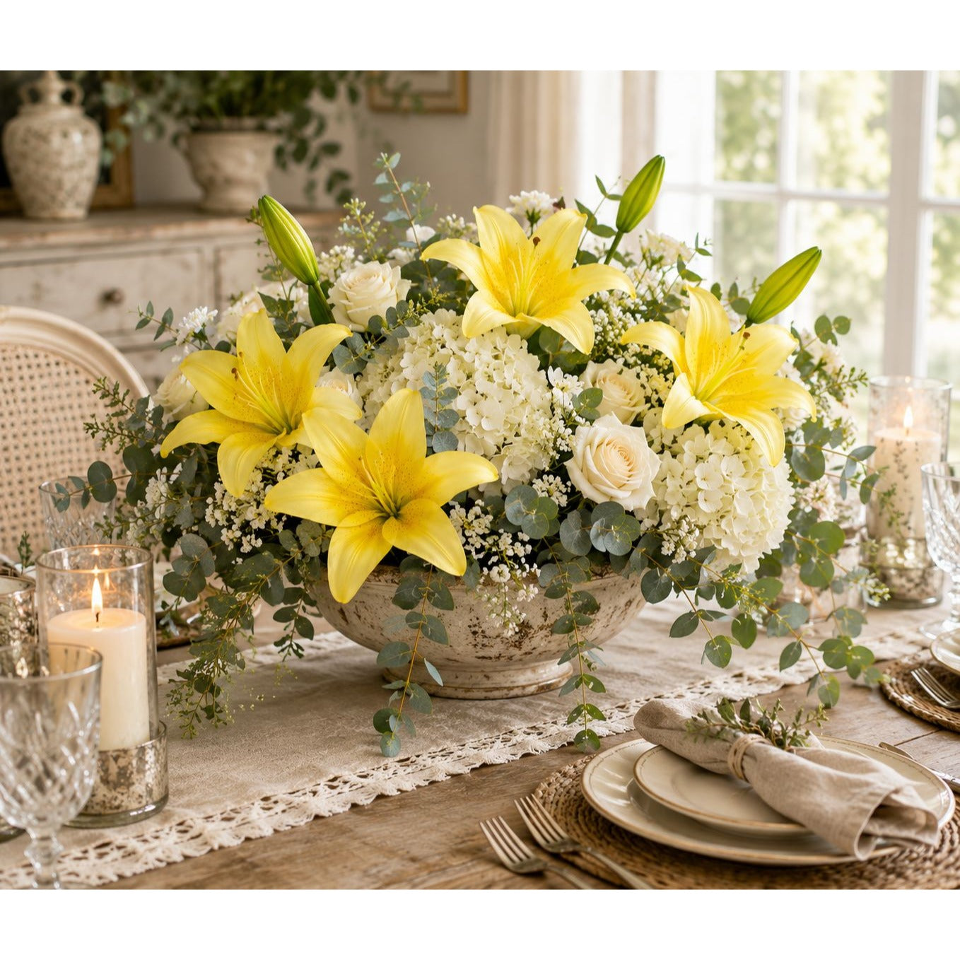 Real Touch Yellow Lily Stems Set of 2, Artificial Lily Flowers, Faux Floral Stems, Yellow Lily Spray, French Country Decor, Farmhouse Flower