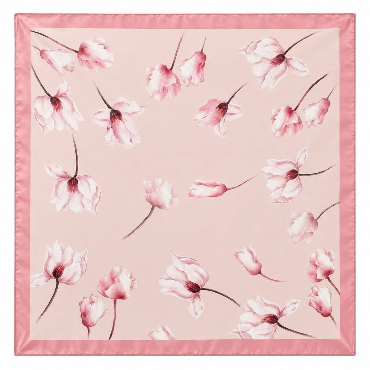 A square pink silk scarf featuring a delicate watercolor print of tulip magnolia in shades of pink and white, finished with a solid pink satin border.