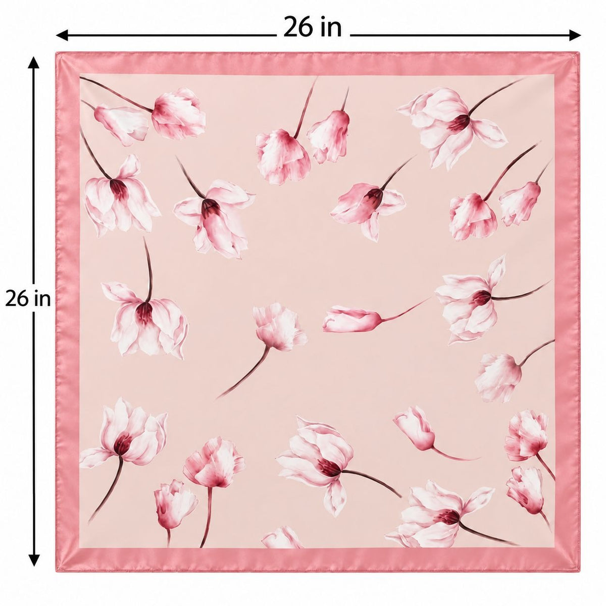 A square pink scarf with a watercolor-style floral print and a satin-like border, shown with dimension labels indicating 26 inches on each side.
