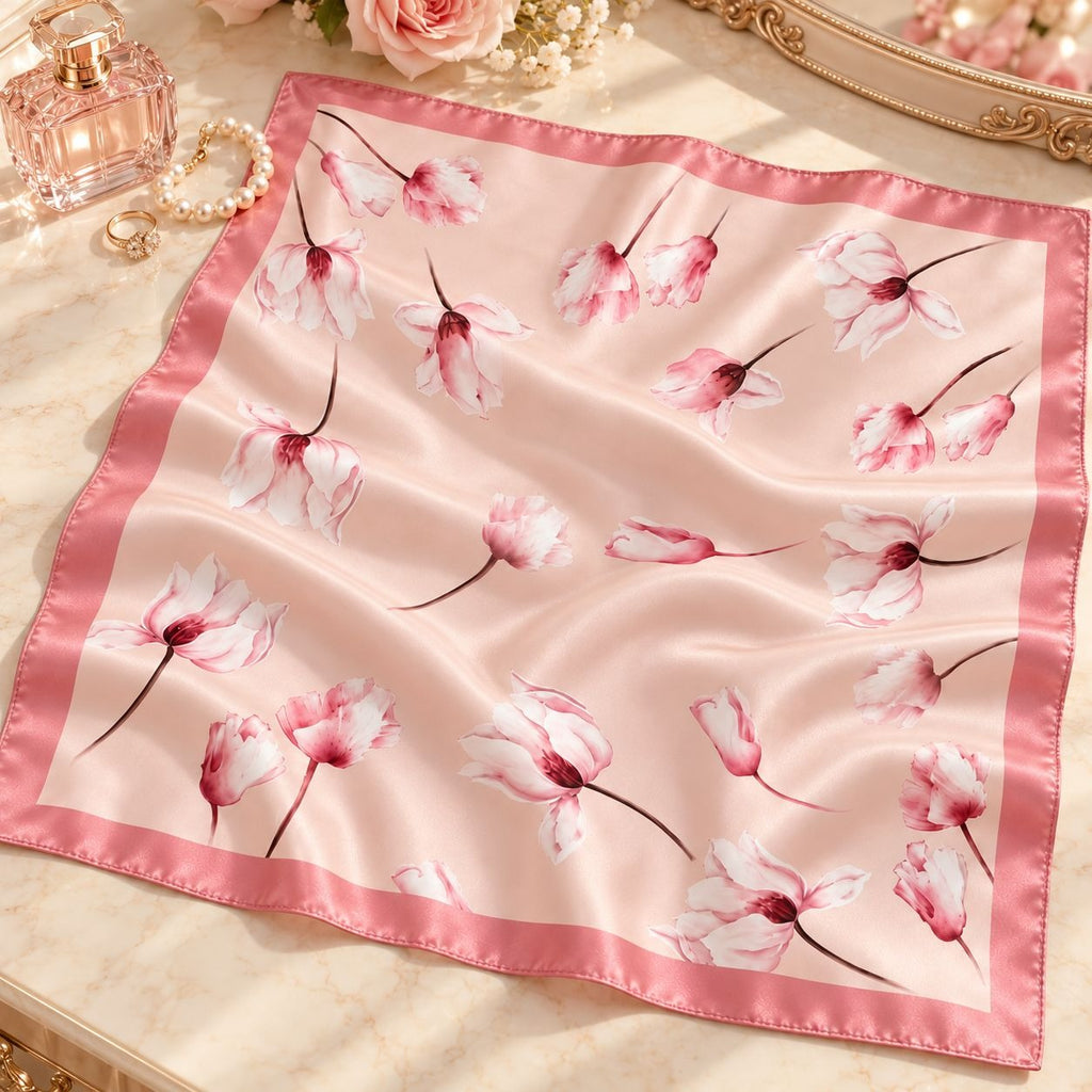 A square satin scarf with a pink border and a watercolor-style print of pink and white magnolia flowers, displayed on a marble surface with decorative jewelry and flowers.