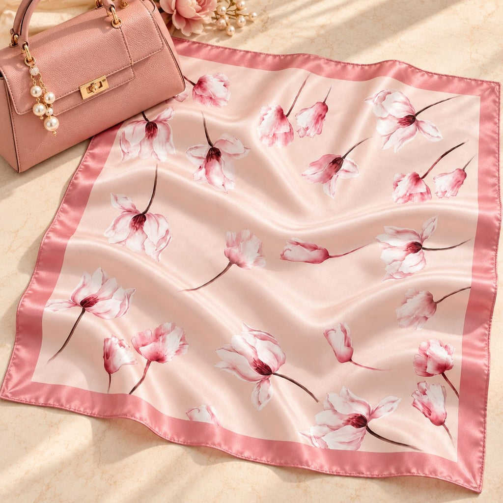 A square satin scarf with a pink border and a watercolor-style floral print, laid flat on a beige surface next to a pink handbag.