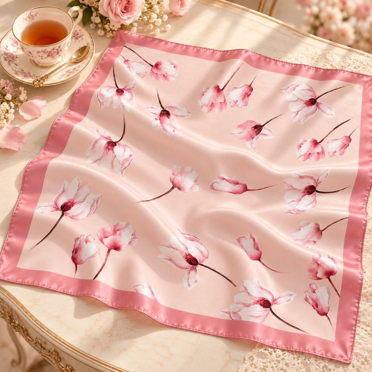 A pink satin scarf with a white and pink magnolia floral print and a solid pink border, styled on a cream-colored table next to a teacup and flowers.