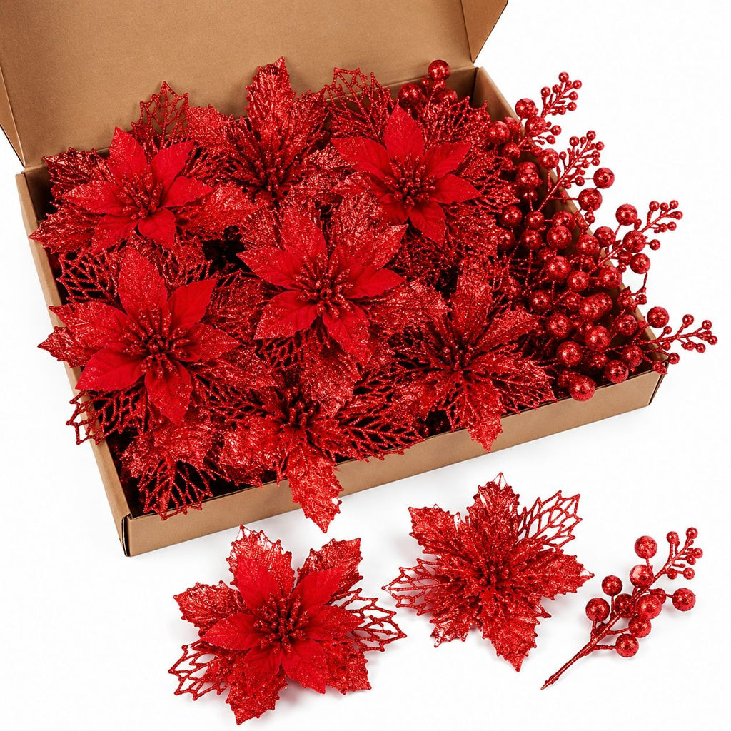 25 PCS Red Glitter Poinsettia Christmas Tree Decorations Holiday Floral Picks Berry Sprays Winter Wedding Decor