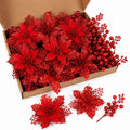 25 PCS Red Glitter Poinsettia Christmas Tree Decorations Holiday Floral Picks Berry Sprays Winter Wedding Decor