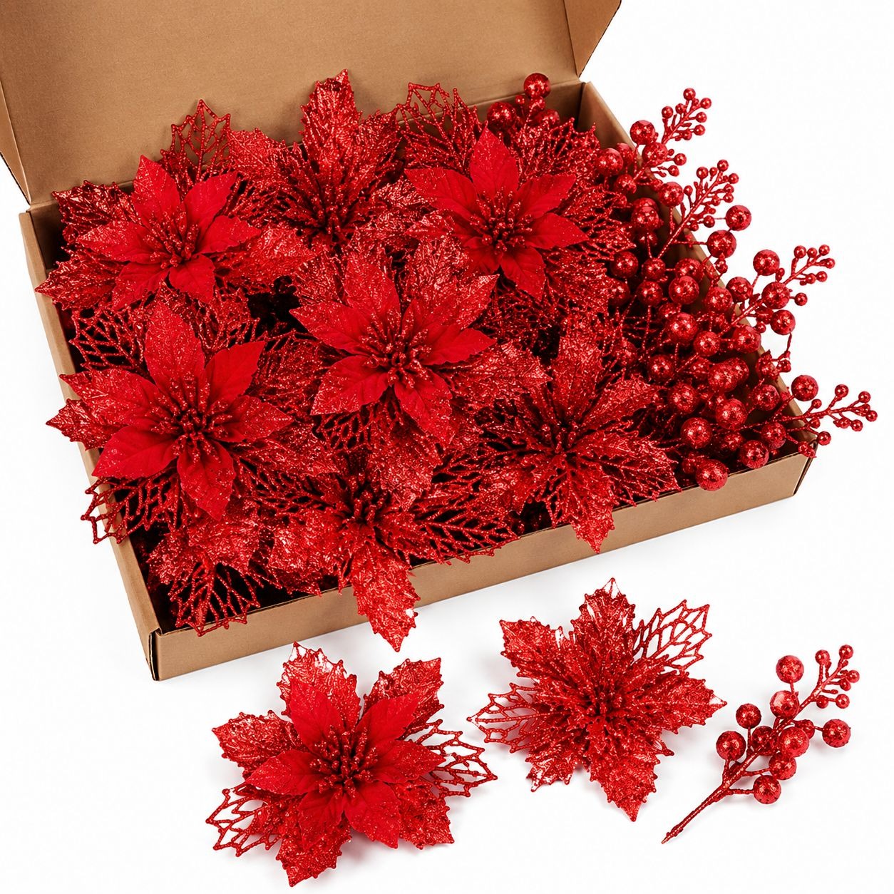 25 PCS Red Glitter Poinsettia Christmas Tree Decorations Holiday Floral Picks Berry Sprays Winter Wedding Decor