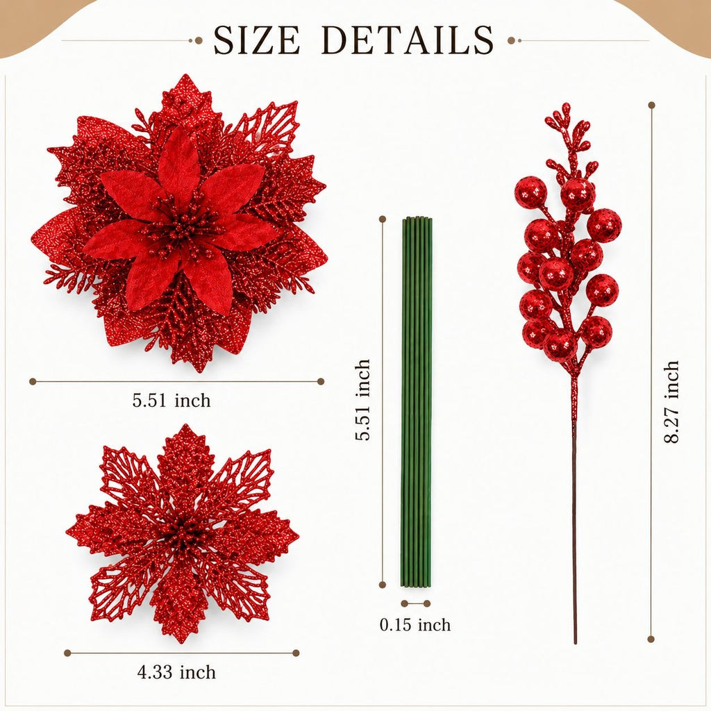 25 PCS Red Glitter Poinsettia Christmas Tree Decorations Holiday Floral Picks Berry Sprays Winter Wedding Decor