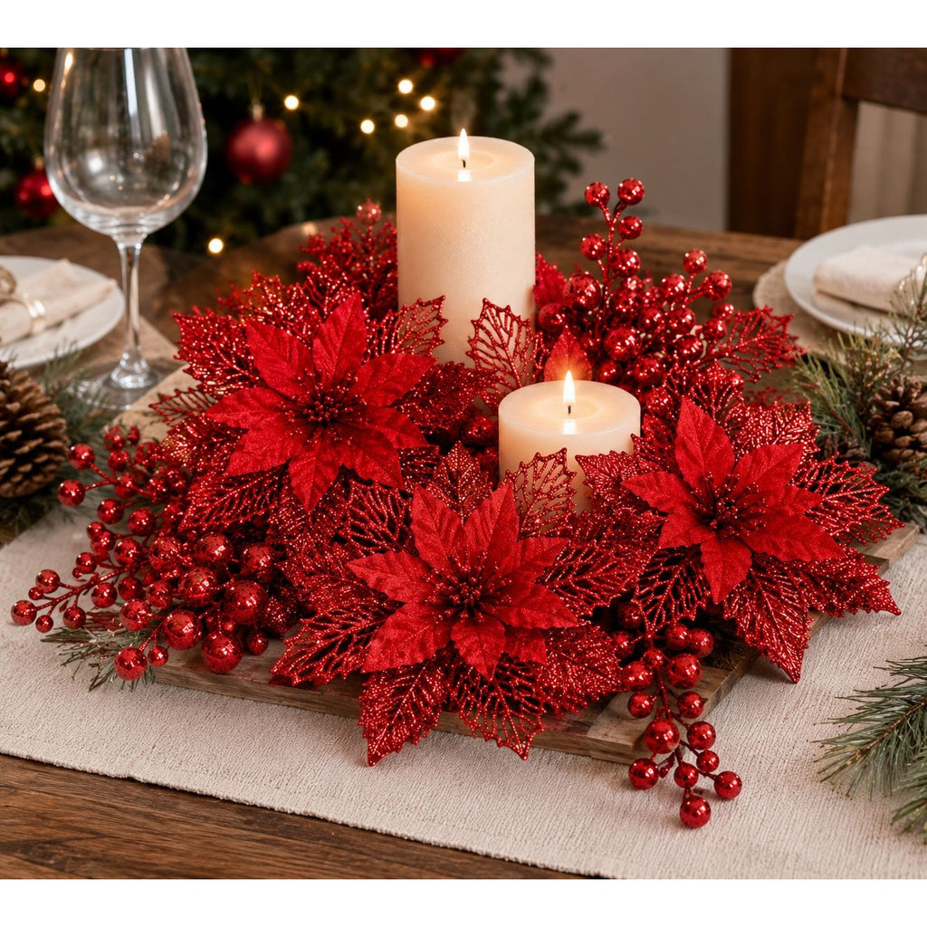 25 PCS Red Glitter Poinsettia Christmas Tree Decorations Holiday Floral Picks Berry Sprays Winter Wedding Decor