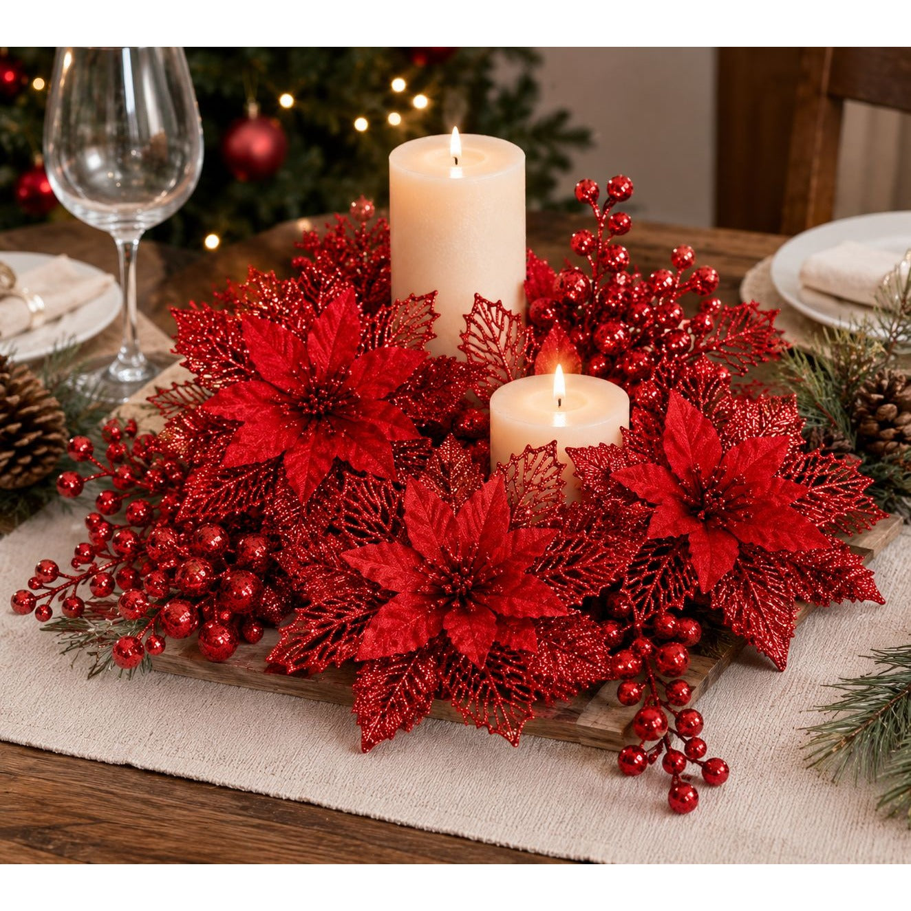 25 PCS Red Glitter Poinsettia Christmas Tree Decorations Holiday Floral Picks Berry Sprays Winter Wedding Decor
