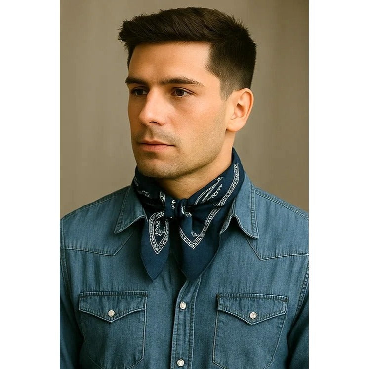 Bandanas 21x21" Western Cowboy Cowgirl - Navy Blue Light Blue Paisley Square Scarves 2 Pack