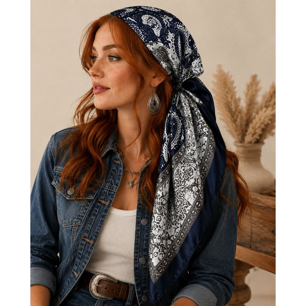 Navy Blue Satin Wild Rag Scarf 35x35 Paisley Western Cowgirl Neck Hair Scarf
