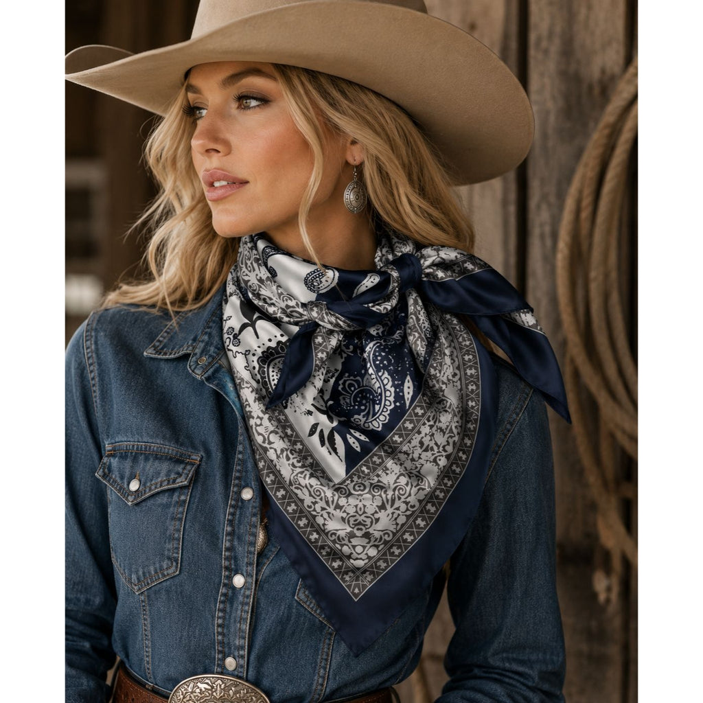 Navy Blue Satin Wild Rag Scarf 35x35 Paisley Western Cowgirl Neck Hair Scarf