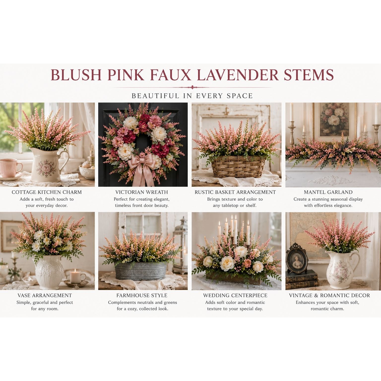 Blush Pink Faux Lavender Stems Artificial Heather Bush Floral Filler Wreath Flowers Garland Decor Farmhouse 2 Bushes