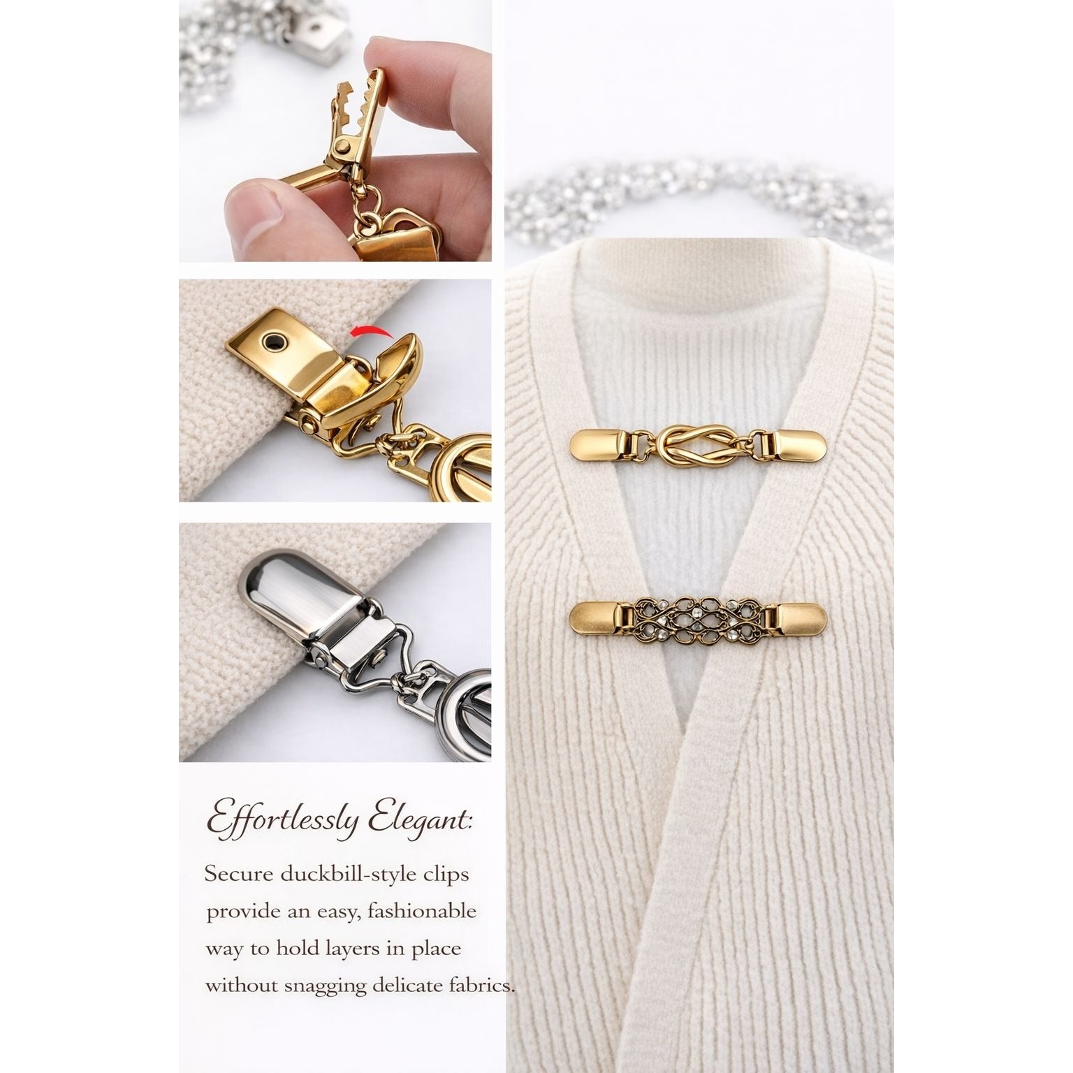 Gold Sweater Clip Set of 2, Cardigan Clip Shawl Clip Dress Cinch Collar Clasp Elegant Womens