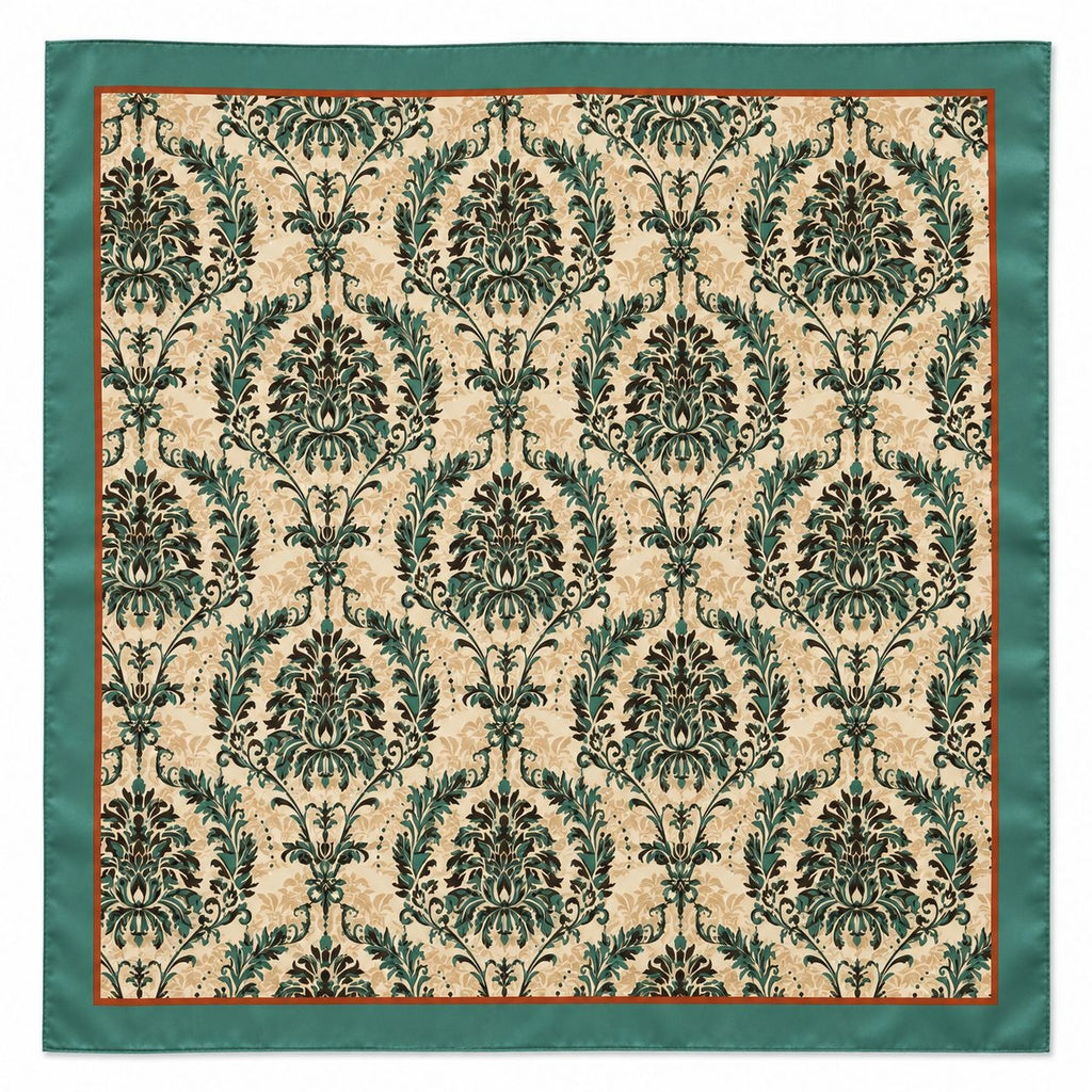 Teal Rust Damask Wild Rag Scarf 35x35 Satin Polyester Western Cowgirl