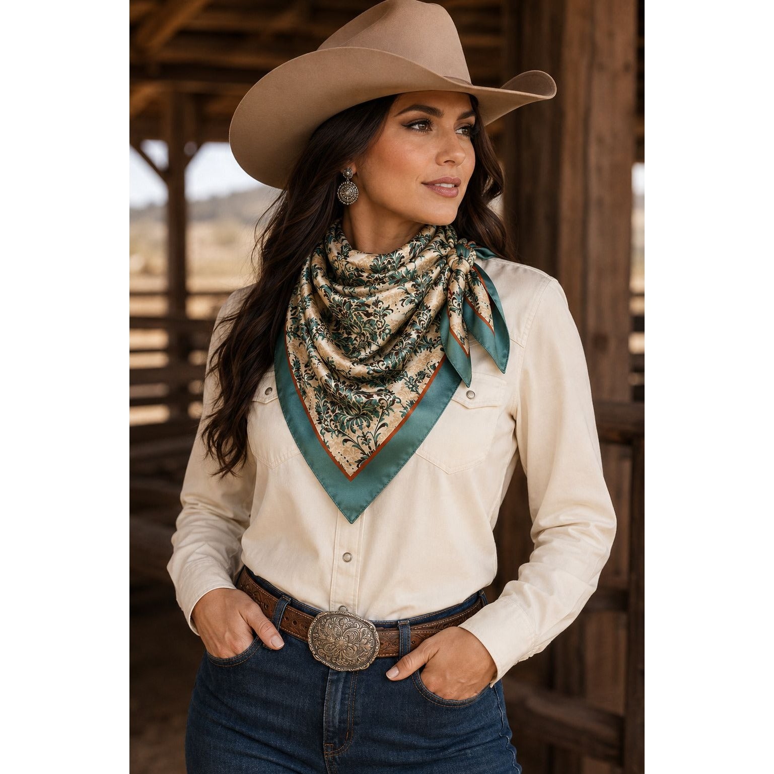 Teal Rust Damask Wild Rag Scarf 35x35 Satin Polyester Western Cowgirl