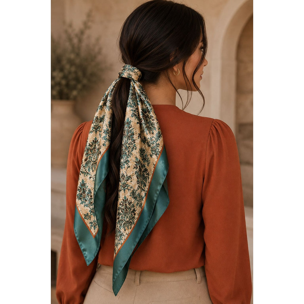 Teal Rust Damask Wild Rag Scarf 35x35 Satin Polyester Western Cowgirl