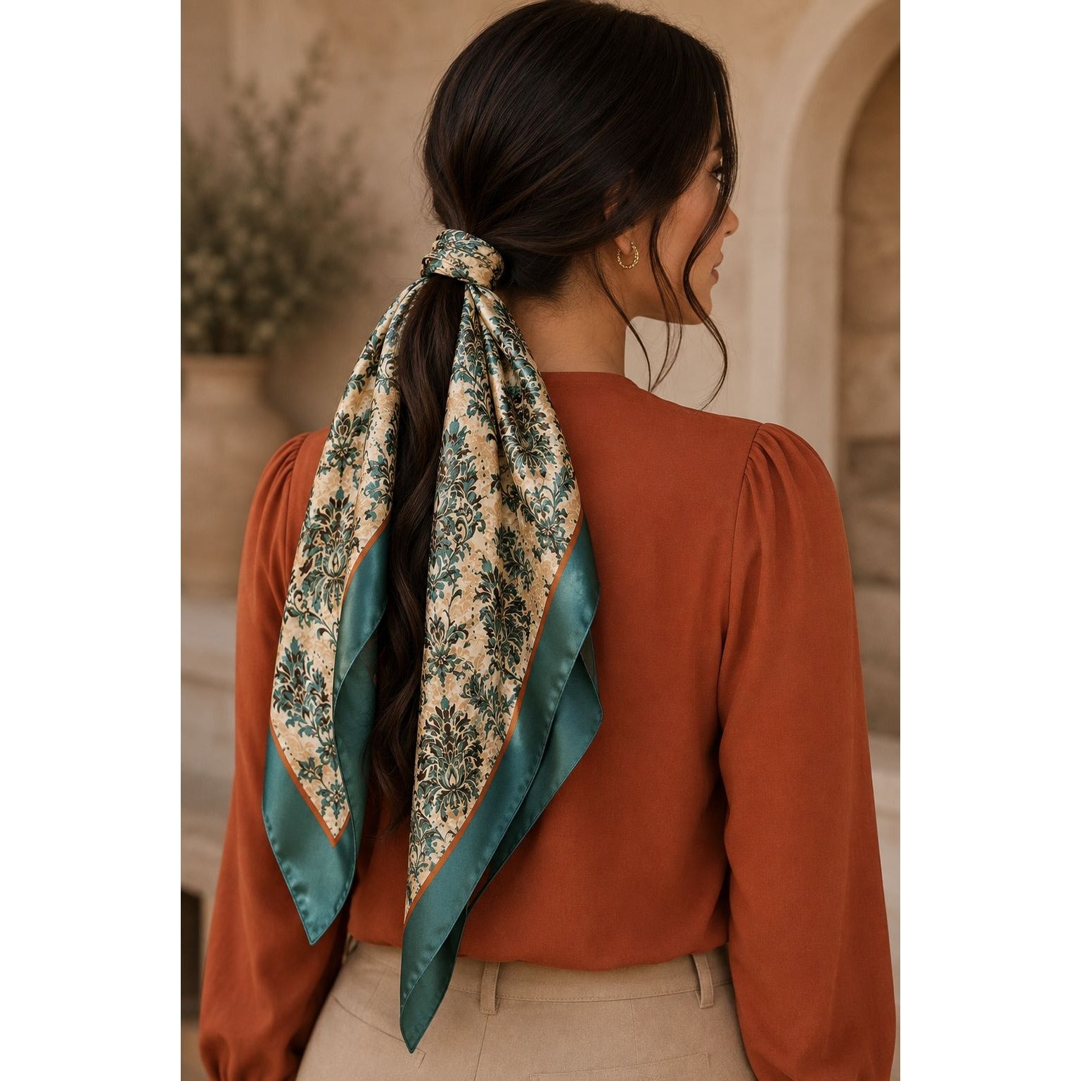 Teal Rust Damask Wild Rag Scarf 35x35 Satin Polyester Western Cowgirl